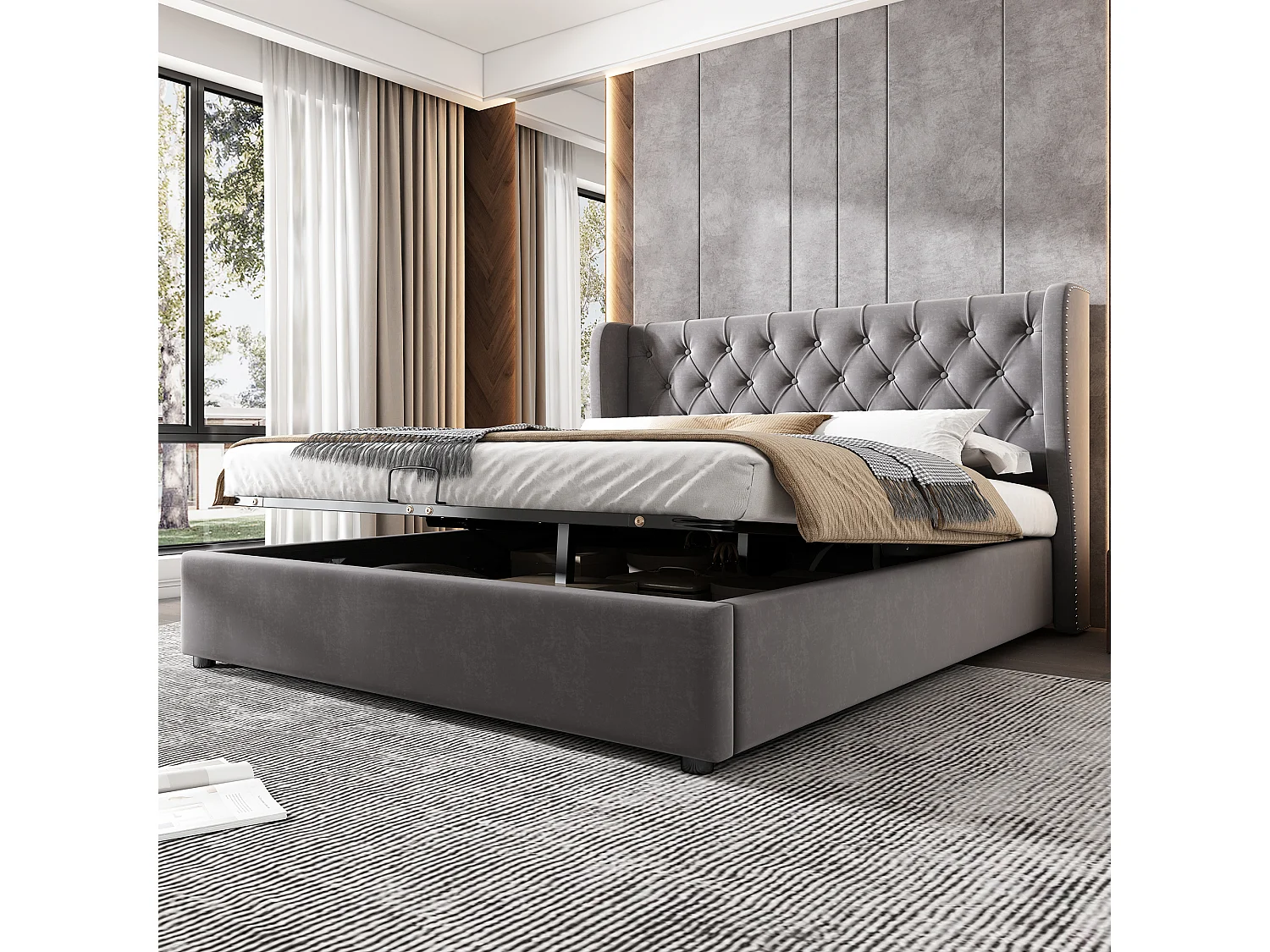 Lit 140 x 190 cm - Lit rembourré avec coffre et tête de lit rembourrée à rivets - En velours - Sommier hydraulique - Gris - Sans matelas