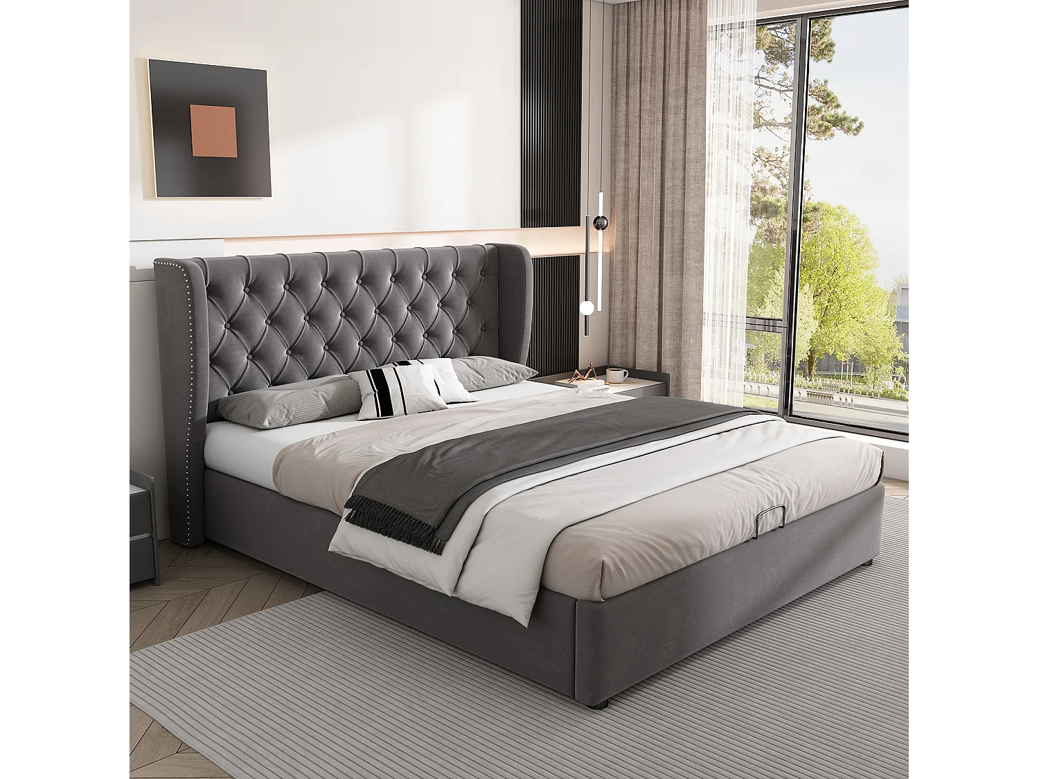 Lit 140 x 190 cm - Lit rembourré avec coffre et tête de lit rembourrée à rivets - En velours - Sommier hydraulique - Gris - Sans matelas
