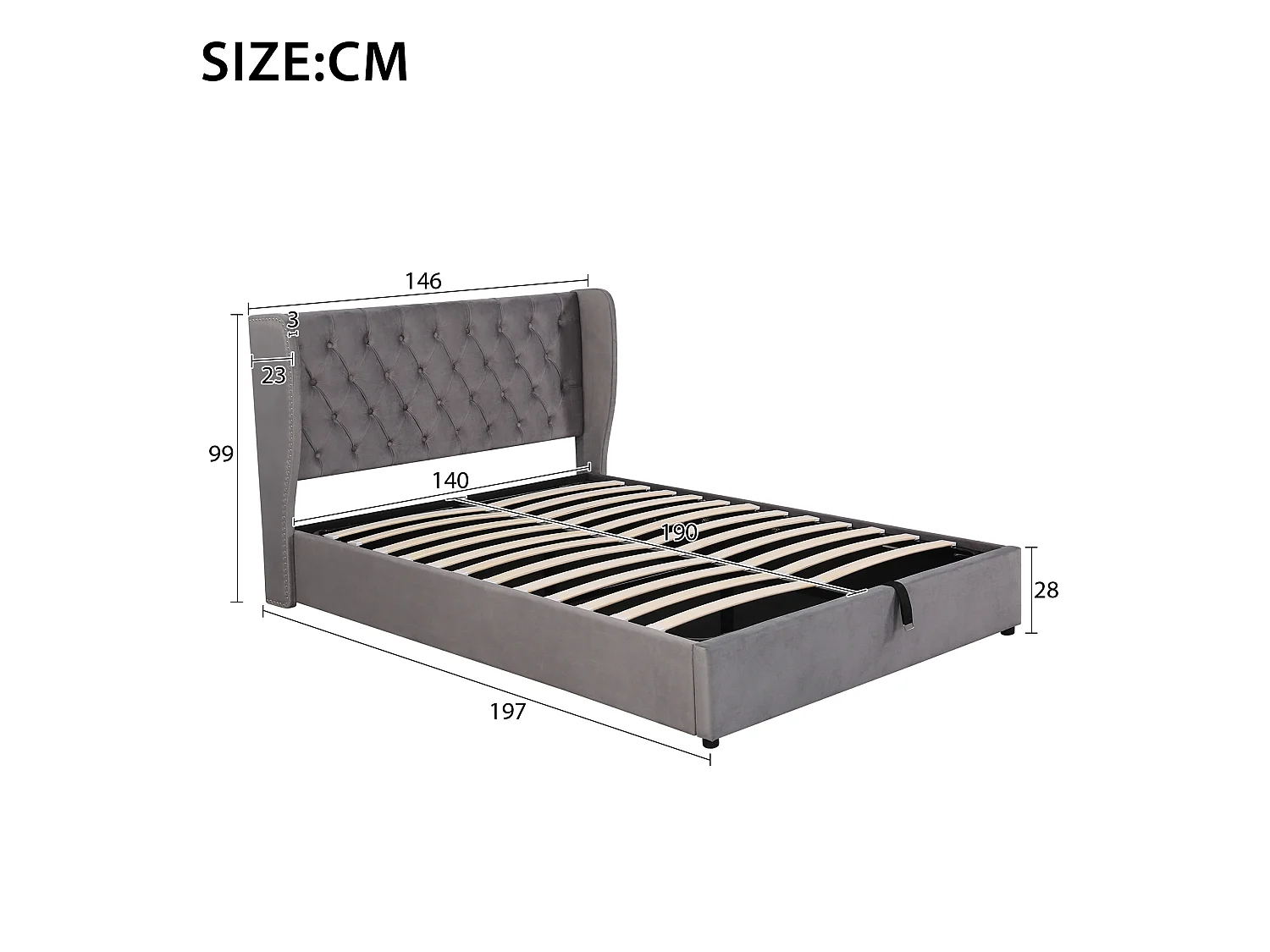 Lit 140 x 190 cm - Lit rembourré avec coffre et tête de lit rembourrée à rivets - En velours - Sommier hydraulique - Gris - Sans matelas