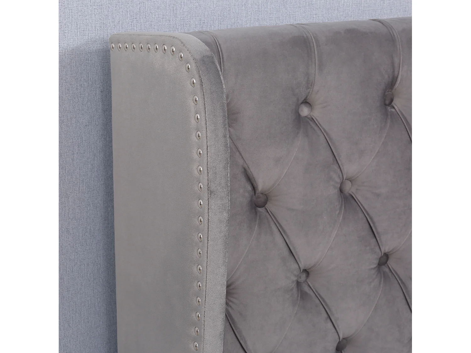 Lit 140 x 190 cm - Lit rembourré avec coffre et tête de lit rembourrée à rivets - En velours - Sommier hydraulique - Gris - Sans matelas