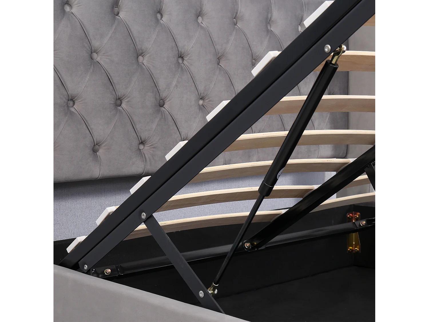 Lit 140 x 190 cm - Lit rembourré avec coffre et tête de lit rembourrée à rivets - En velours - Sommier hydraulique - Gris - Sans matelas
