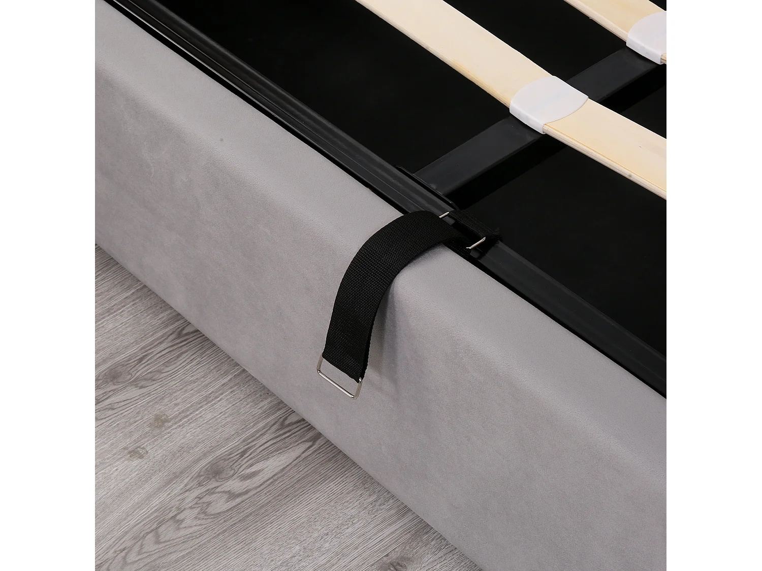 Lit 140 x 190 cm - Lit rembourré avec coffre et tête de lit rembourrée à rivets - En velours - Sommier hydraulique - Gris - Sans matelas
