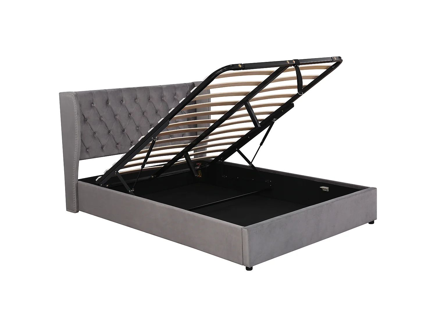 Lit 140 x 190 cm - Lit rembourré avec coffre et tête de lit rembourrée à rivets - En velours - Sommier hydraulique - Gris - Sans matelas