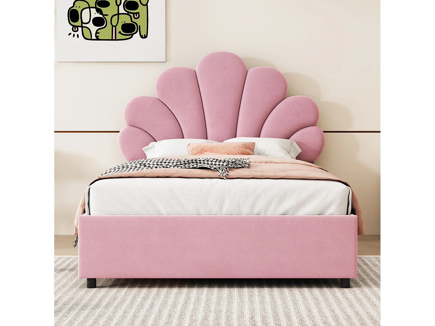 Lit 90 x 200 cm - Lit Capitonné Avec Coffre Hydraulique Et Tête Fleurie - En Velours Avec Sommier À Lattes - Charge 200 kg - Rose - Sans matelas