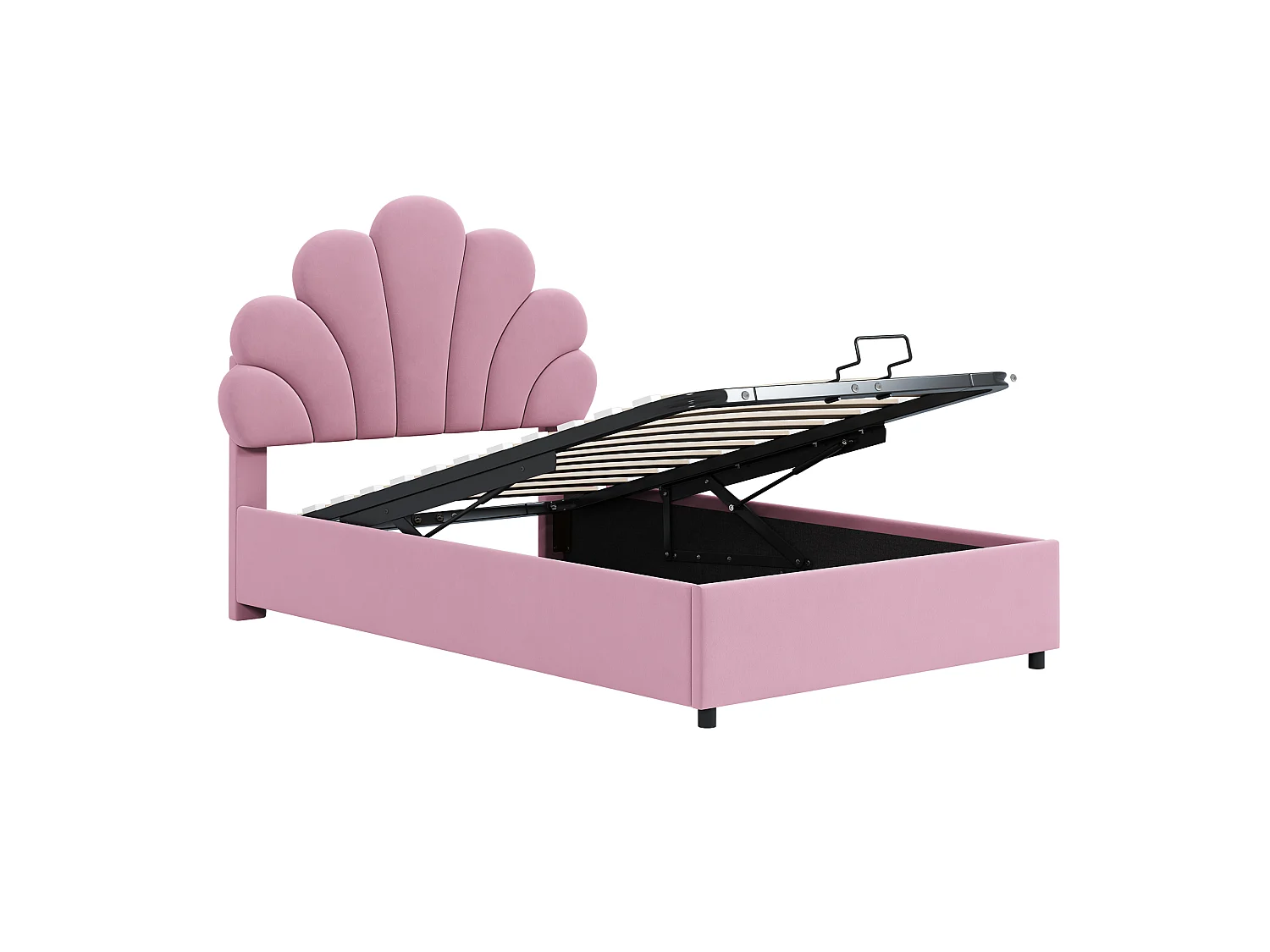 Lit 90 x 200 cm - Lit Capitonné Avec Coffre Hydraulique Et Tête Fleurie - En Velours Avec Sommier À Lattes - Charge 200 kg - Rose - Sans matelas