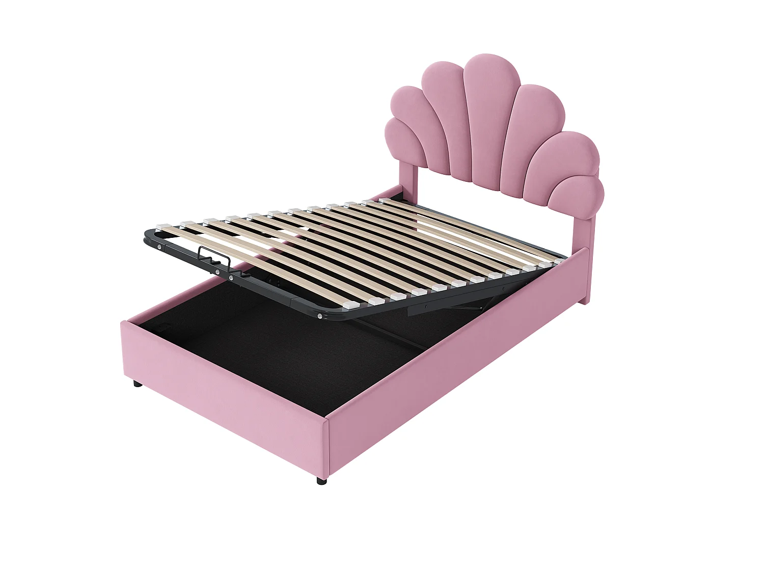 Lit 90 x 200 cm - Lit Capitonné Avec Coffre Hydraulique Et Tête Fleurie - En Velours Avec Sommier À Lattes - Charge 200 kg - Rose - Sans matelas