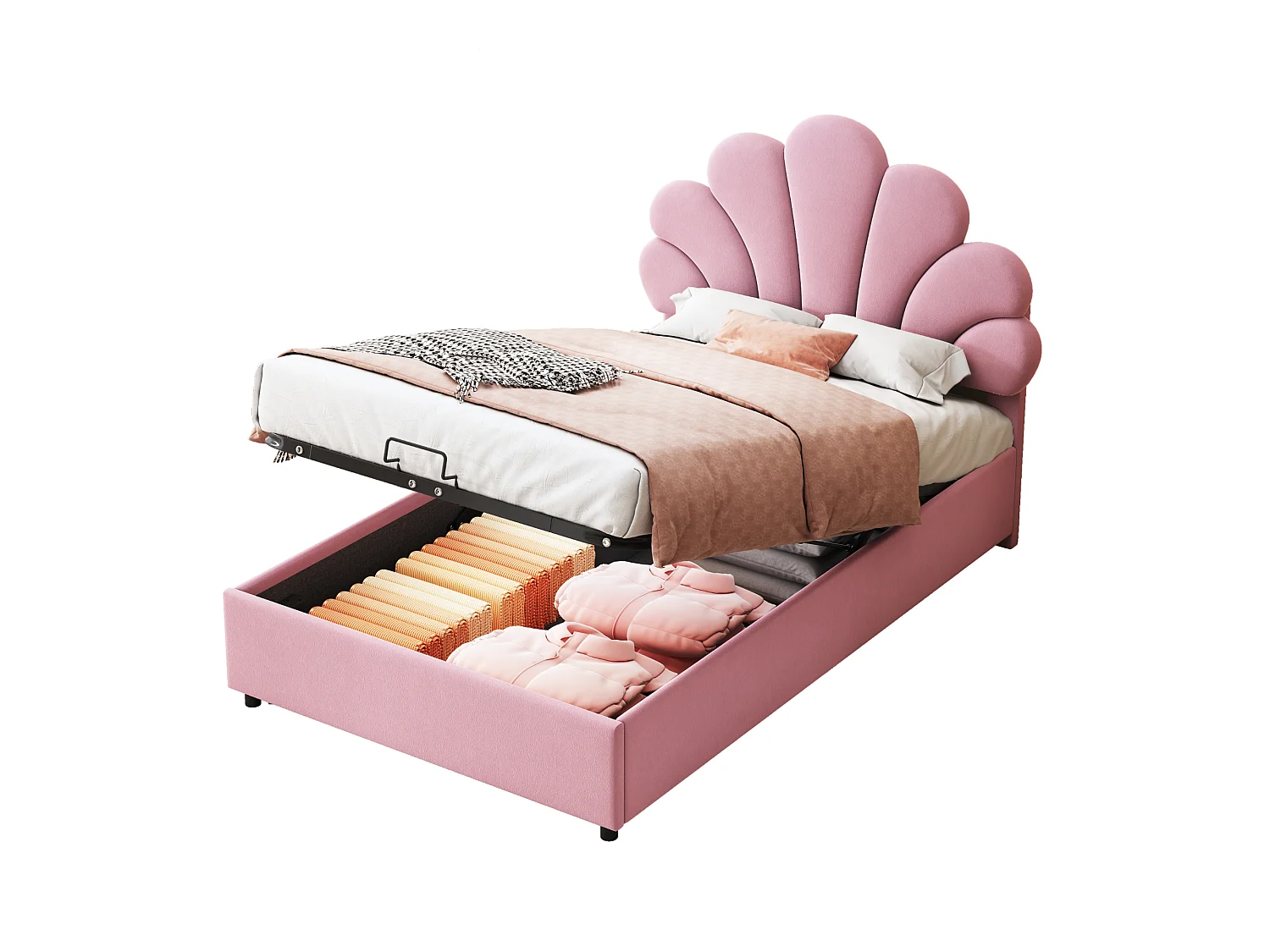 Lit 90 x 200 cm - Lit Capitonné Avec Coffre Hydraulique Et Tête Fleurie - En Velours Avec Sommier À Lattes - Charge 200 kg - Rose - Sans matelas