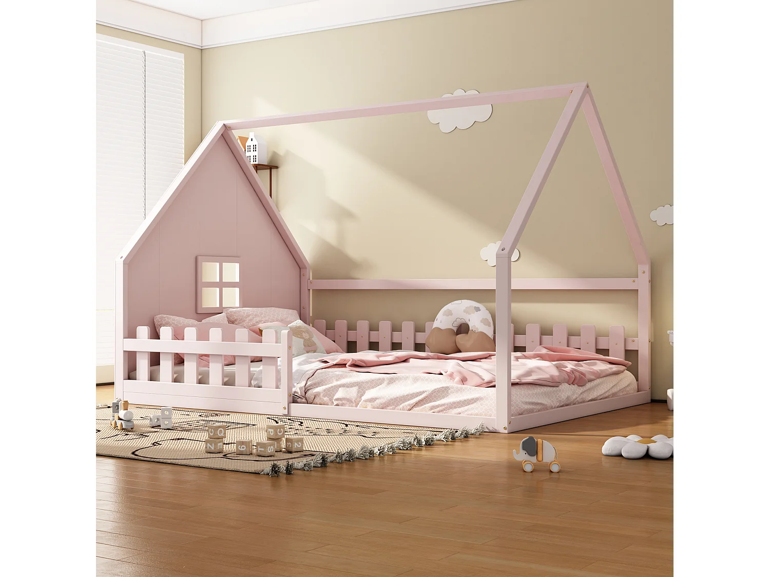 Lit Enfant 140 x 200 cm - Structure Maison En Pin+MDF - Avec Barrière Et Toit Maisonnette - Montage Avec Kit - Rose - Sans matelas