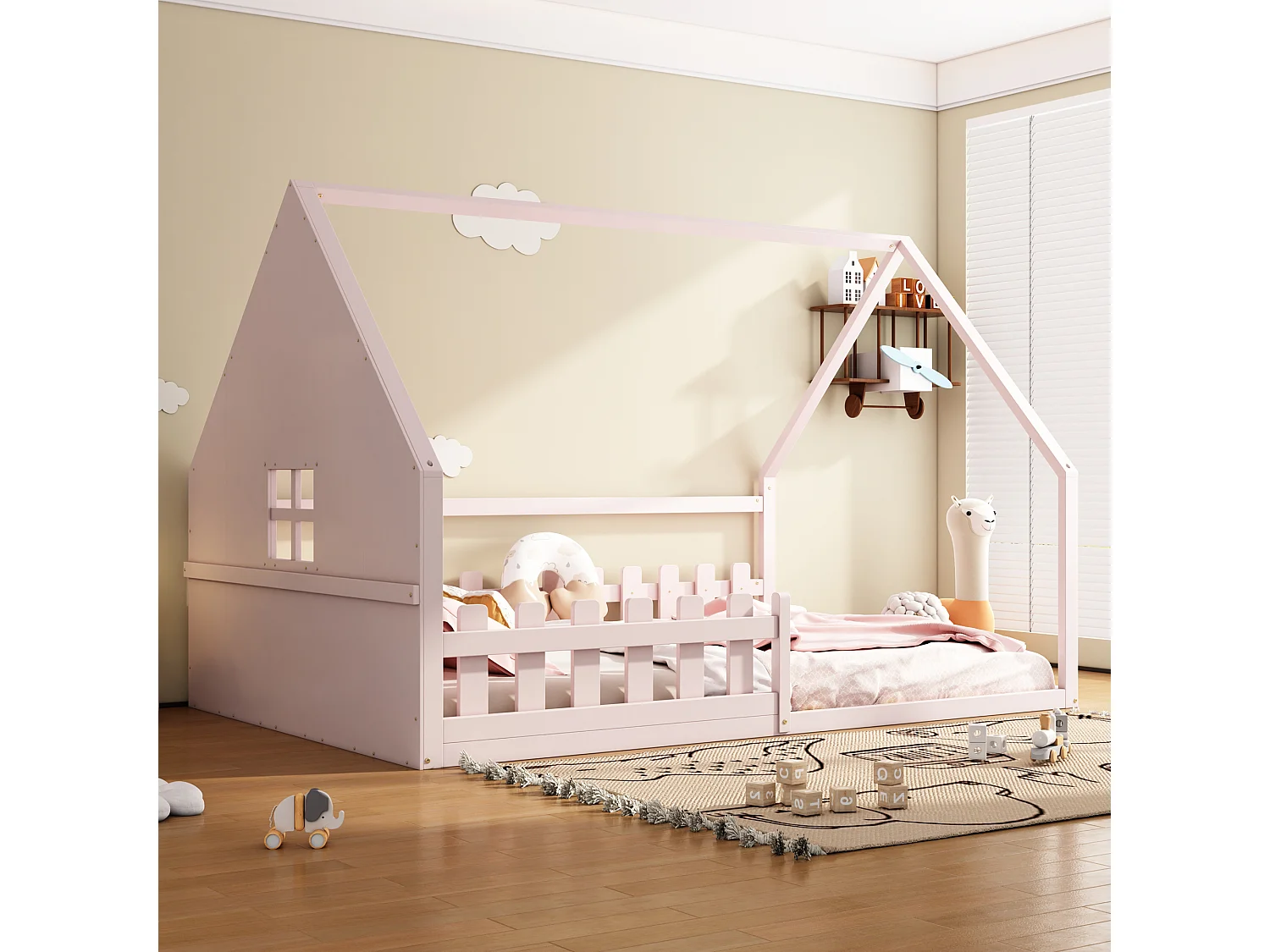 Lit Enfant 140 x 200 cm - Structure Maison En Pin+MDF - Avec Barrière Et Toit Maisonnette - Montage Avec Kit - Rose - Sans matelas