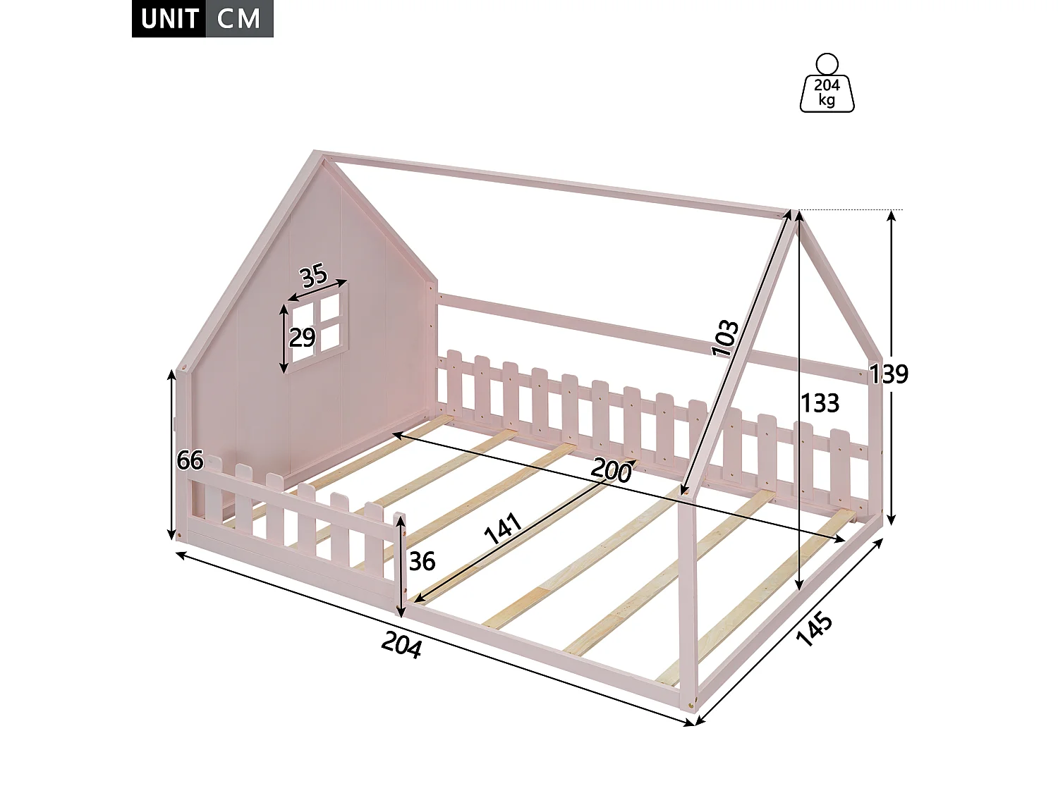 Lit Enfant 140 x 200 cm - Structure Maison En Pin+MDF - Avec Barrière Et Toit Maisonnette - Montage Avec Kit - Rose - Sans matelas