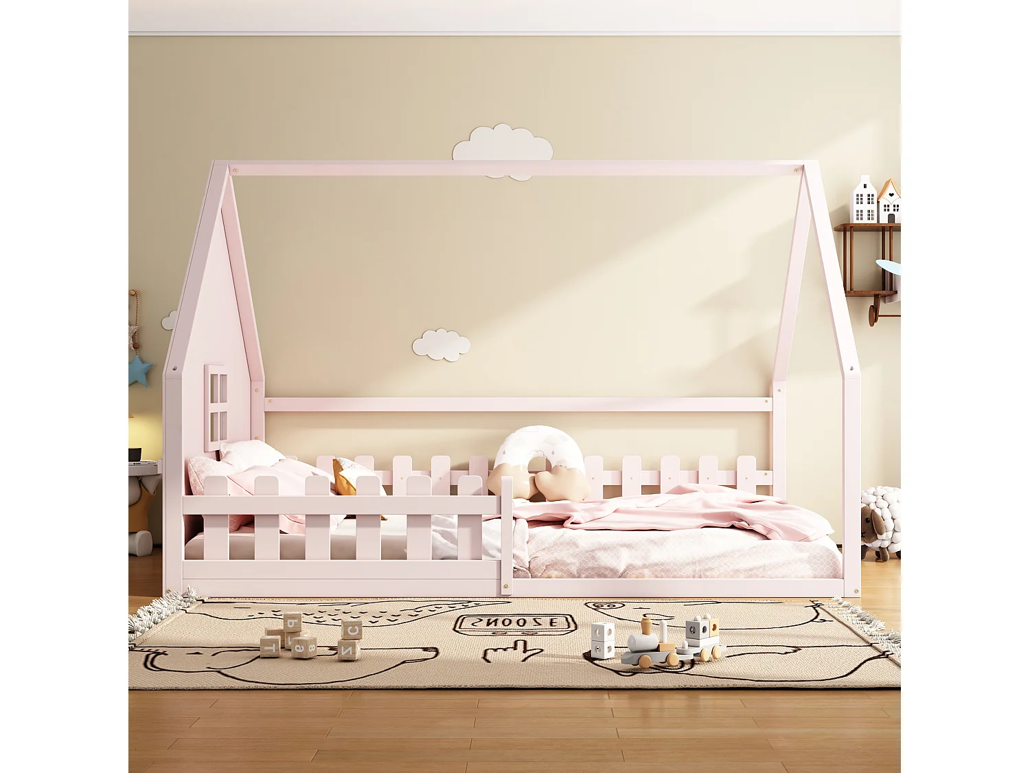 Lit Enfant 140 x 200 cm - Structure Maison En Pin+MDF - Avec Barrière Et Toit Maisonnette - Montage Avec Kit - Rose - Sans matelas