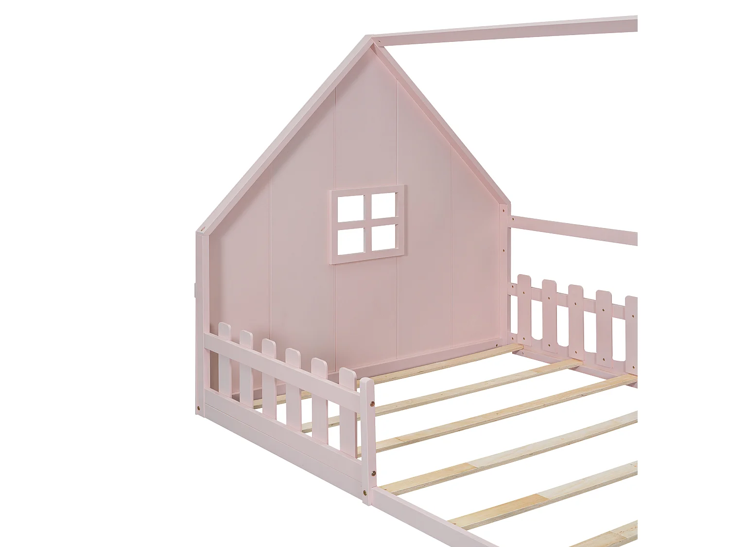 Lit Enfant 140 x 200 cm - Structure Maison En Pin+MDF - Avec Barrière Et Toit Maisonnette - Montage Avec Kit - Rose - Sans matelas