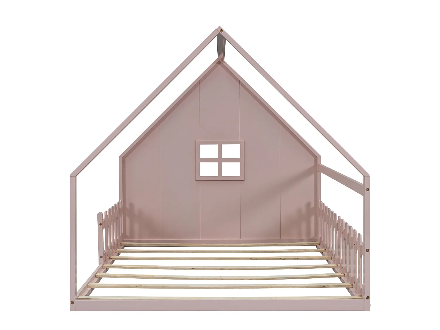 Lit Enfant 140 x 200 cm - Structure Maison En Pin+MDF - Avec Barrière Et Toit Maisonnette - Montage Avec Kit - Rose - Sans matelas