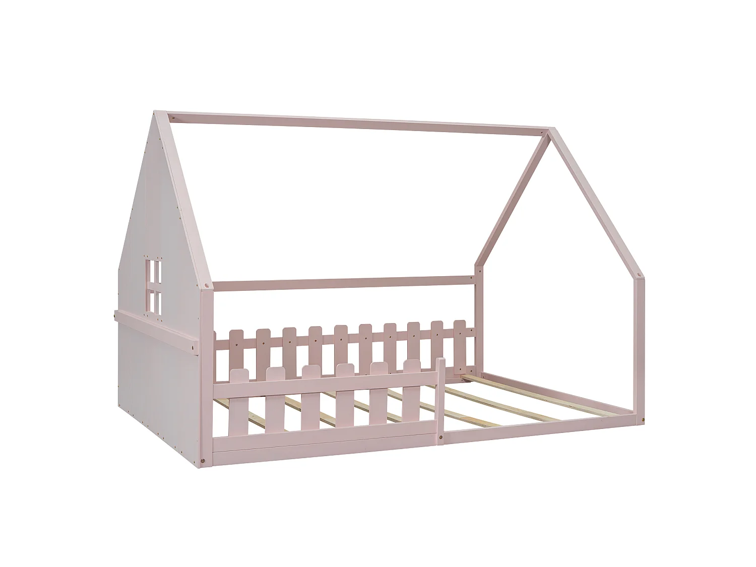 Lit Enfant 140 x 200 cm - Structure Maison En Pin+MDF - Avec Barrière Et Toit Maisonnette - Montage Avec Kit - Rose - Sans matelas