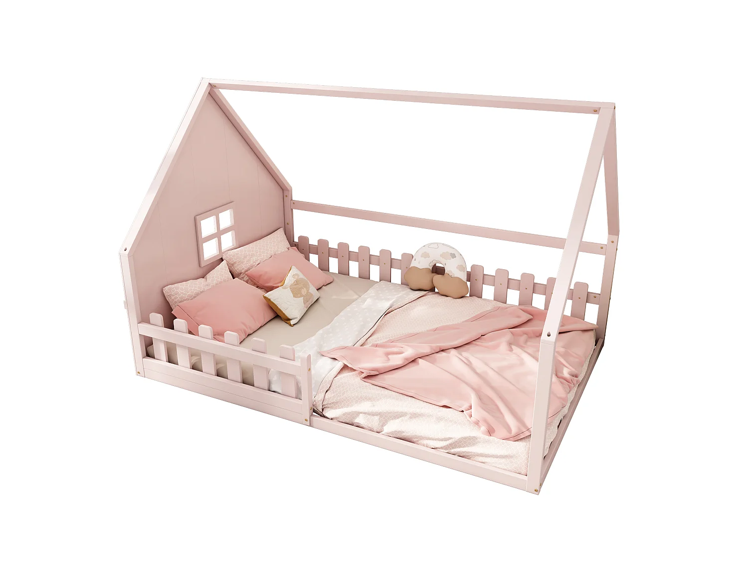 Lit Enfant 140 x 200 cm - Structure Maison En Pin+MDF - Avec Barrière Et Toit Maisonnette - Montage Avec Kit - Rose - Sans matelas