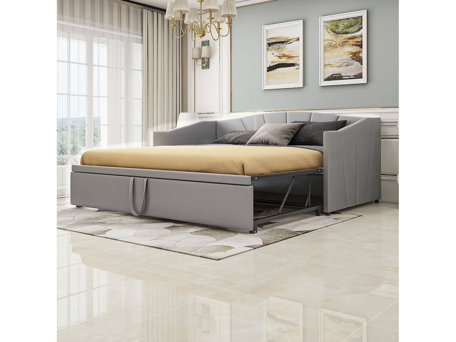 Lit 90 x 200 cm - Lit Gigogne Extensible 90/180 x 200 cm - En Tissu Velours Avec Sommier À Lattes - Design Fonctionnel - Gris - Sans Matelas