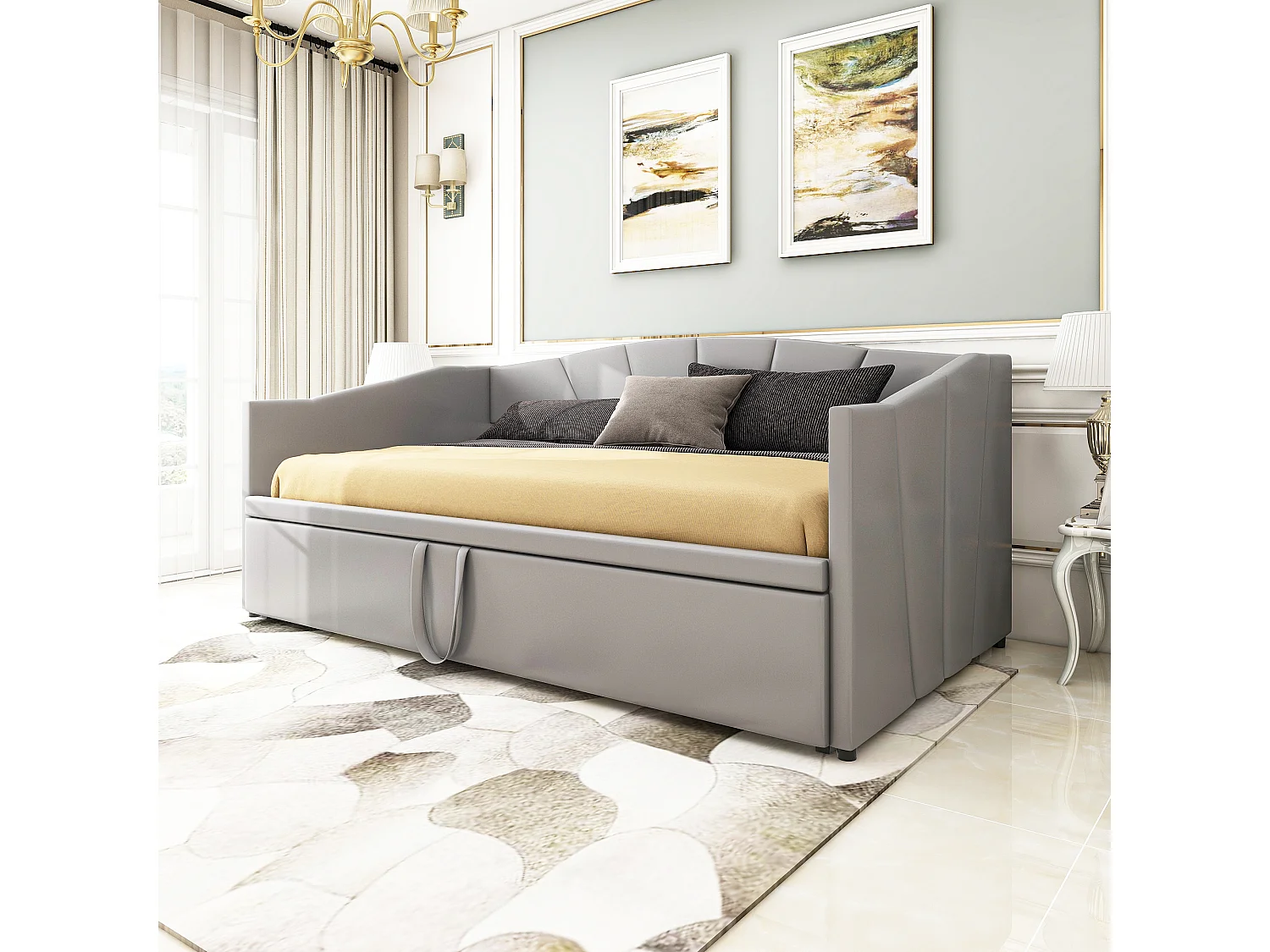 Lit 90 x 200 cm - Lit Gigogne Extensible 90/180 x 200 cm - En Tissu Velours Avec Sommier À Lattes - Design Fonctionnel - Gris - Sans Matelas
