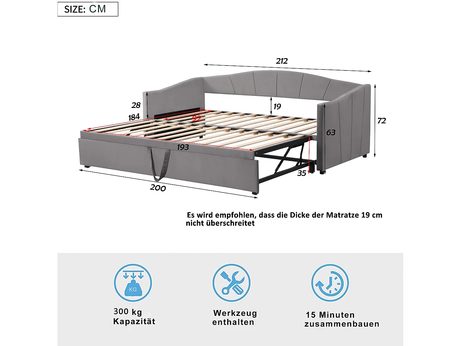 Lit 90 x 200 cm - Lit Gigogne Extensible 90/180 x 200 cm - En Tissu Velours Avec Sommier À Lattes - Design Fonctionnel - Gris - Sans Matelas