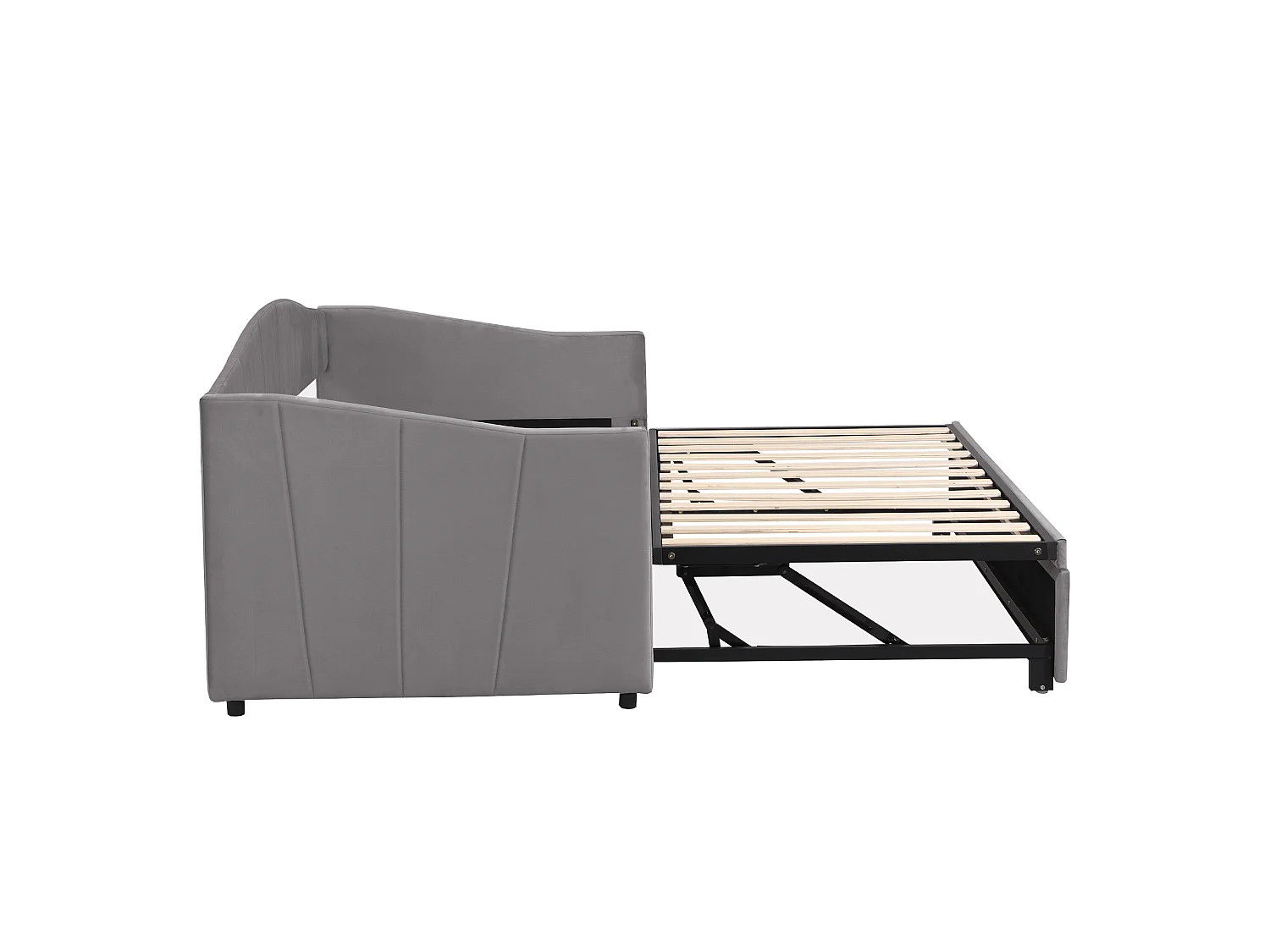 Lit 90 x 200 cm - Lit Gigogne Extensible 90/180 x 200 cm - En Tissu Velours Avec Sommier À Lattes - Design Fonctionnel - Gris - Sans Matelas