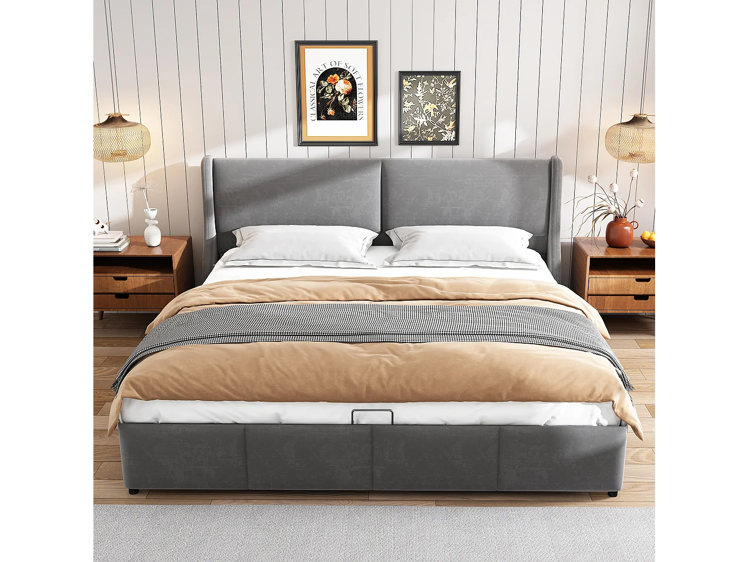 Lit Adulte 180 x 200 cm - Lit Coffre Hydraulique Sans Matelas - En Velours - Grand Rangement - Tête De Lit Ovale - Gris