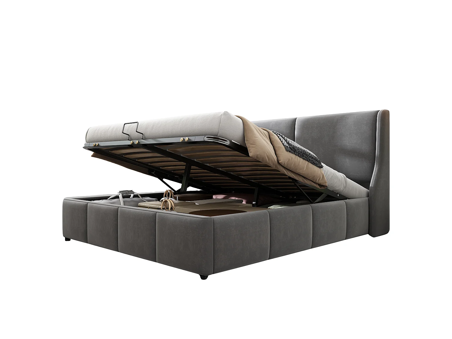 Lit Adulte 180 x 200 cm - Lit Coffre Hydraulique Sans Matelas - En Velours - Grand Rangement - Tête De Lit Ovale - Gris