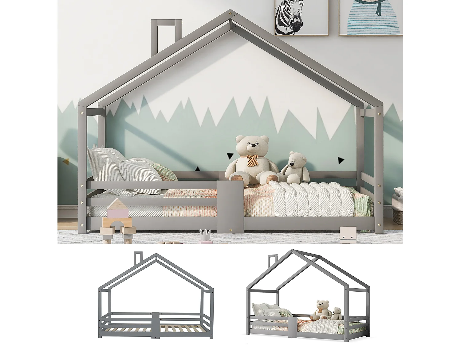 Lit enfants Maison 90 x 200 cm - Structure en Bois Massif Pin - Avec 4 Barrières, 15 Lattes Rigides, Sans matelas - Gris