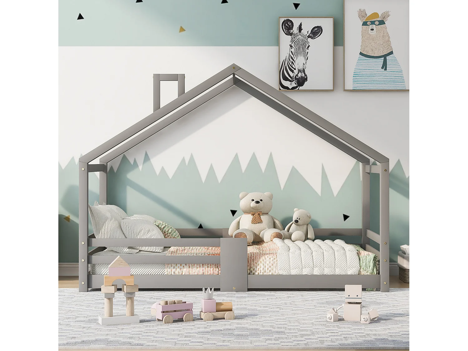 Lit enfants Maison 90 x 200 cm - Structure en Bois Massif Pin - Avec 4 Barrières, 15 Lattes Rigides, Sans matelas - Gris