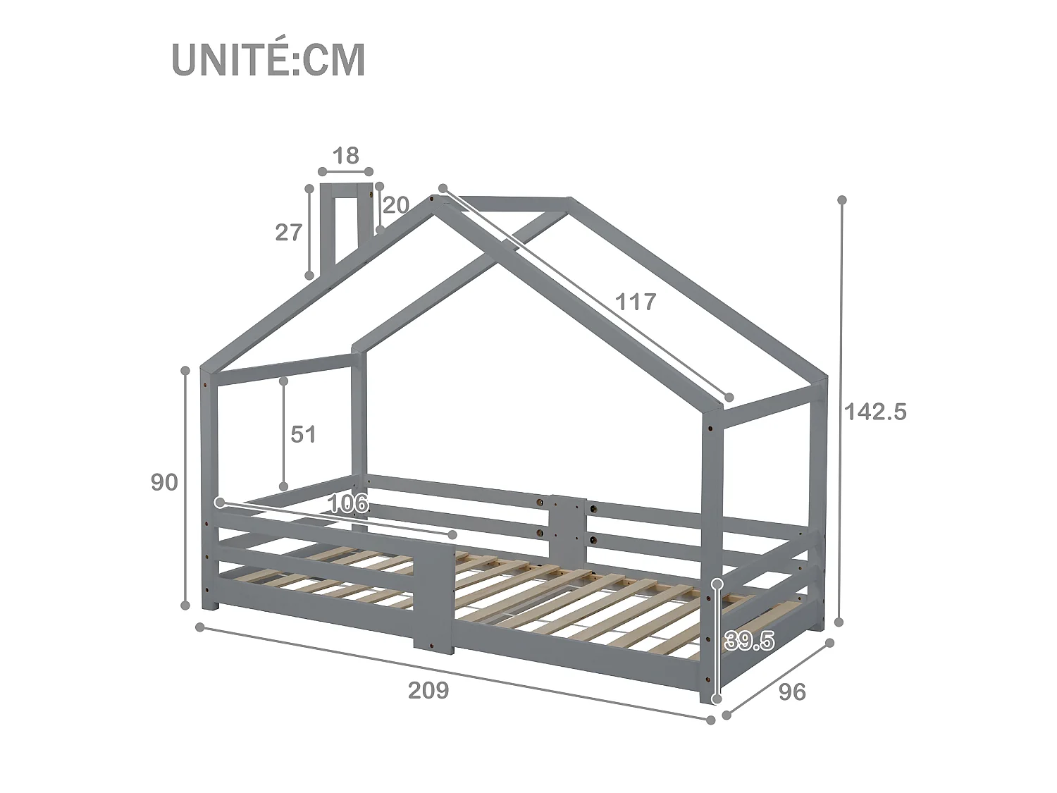 Lit enfants Maison 90 x 200 cm - Structure en Bois Massif Pin - Avec 4 Barrières, 15 Lattes Rigides, Sans matelas - Gris