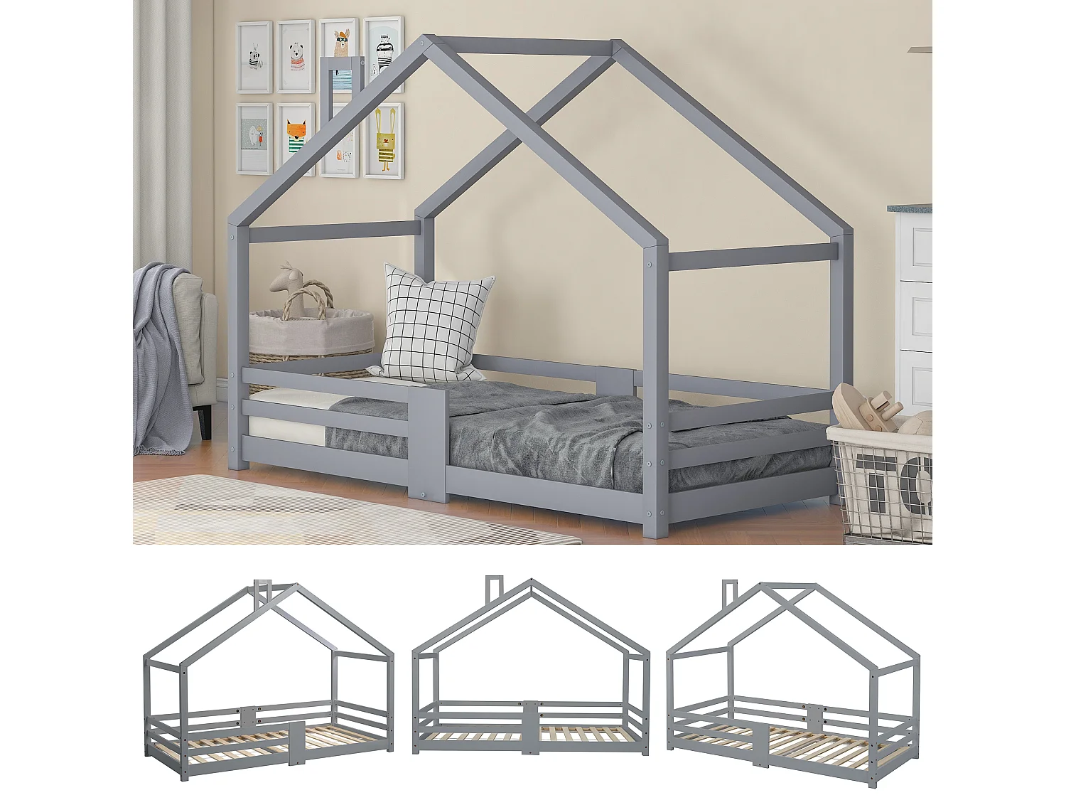 Lit enfants Maison 90 x 200 cm - Structure en Bois Massif Pin - Avec 4 Barrières, 15 Lattes Rigides, Sans matelas - Gris