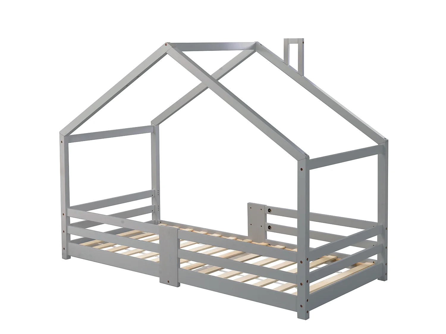 Lit enfants Maison 90 x 200 cm - Structure en Bois Massif Pin - Avec 4 Barrières, 15 Lattes Rigides, Sans matelas - Gris