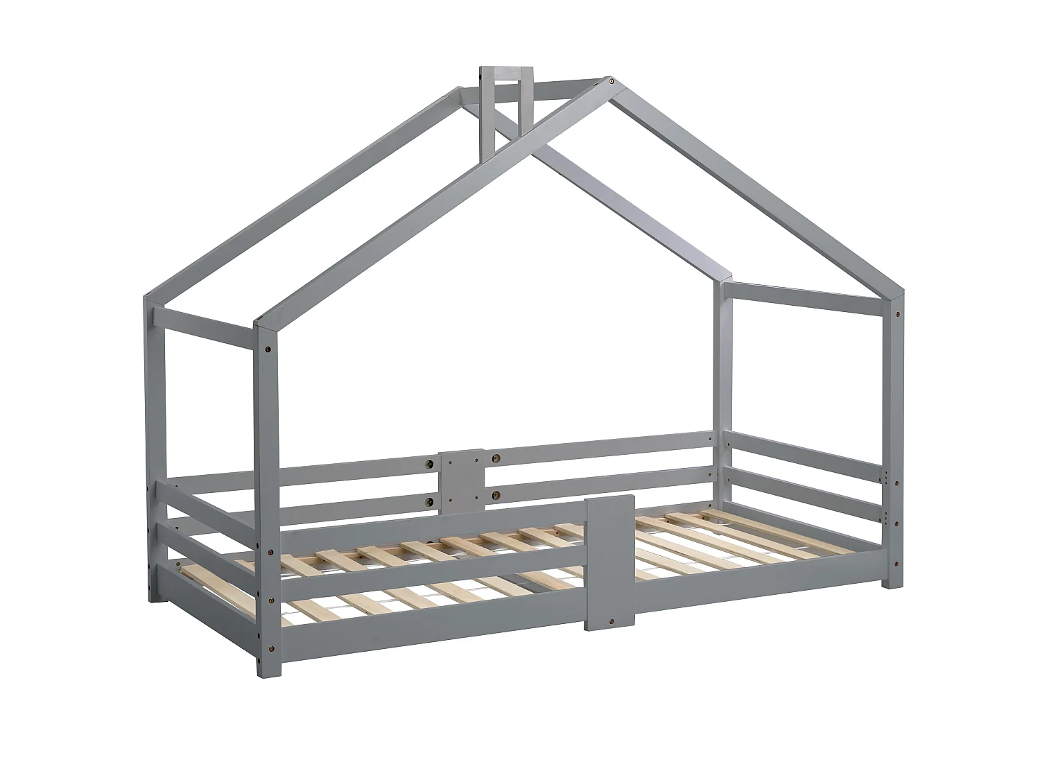 Lit enfants Maison 90 x 200 cm - Structure en Bois Massif Pin - Avec 4 Barrières, 15 Lattes Rigides, Sans matelas - Gris