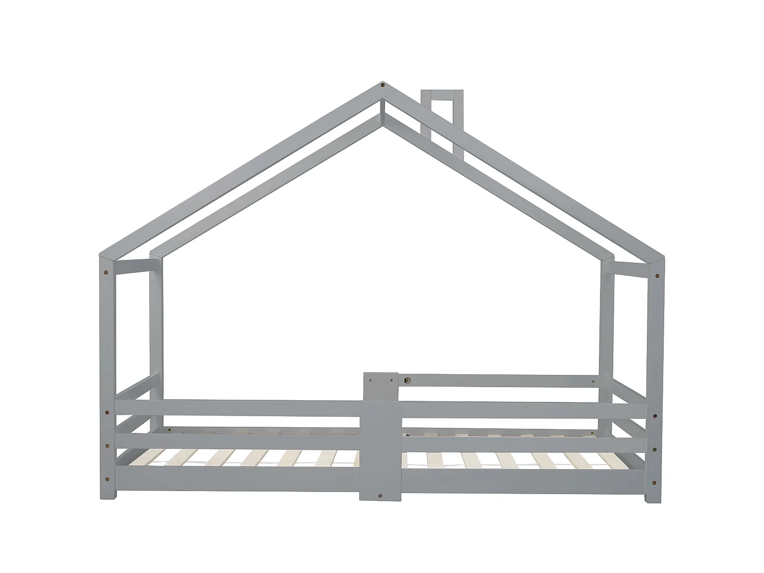 Lit enfants Maison 90 x 200 cm - Structure en Bois Massif Pin - Avec 4 Barrières, 15 Lattes Rigides, Sans matelas - Gris