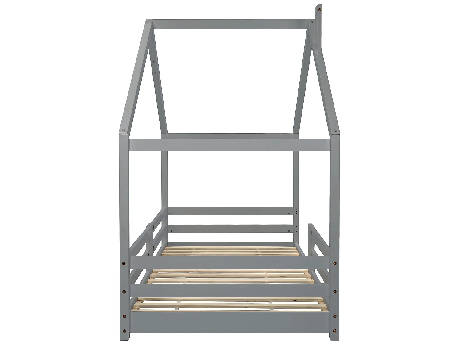 Lit enfants Maison 90 x 200 cm - Structure en Bois Massif Pin - Avec 4 Barrières, 15 Lattes Rigides, Sans matelas - Gris