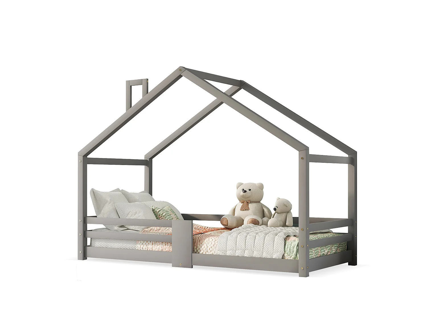 Lit enfants Maison 90 x 200 cm - Structure en Bois Massif Pin - Avec 4 Barrières, 15 Lattes Rigides, Sans matelas - Gris