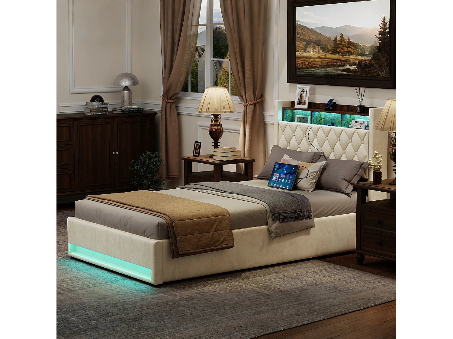 Lit Polster en Velours Beige 140x190 cm avec Tête de Lit LED et Rangement Hydraulique – Cadre en MDF et Métal, Matelas Non Inclus
