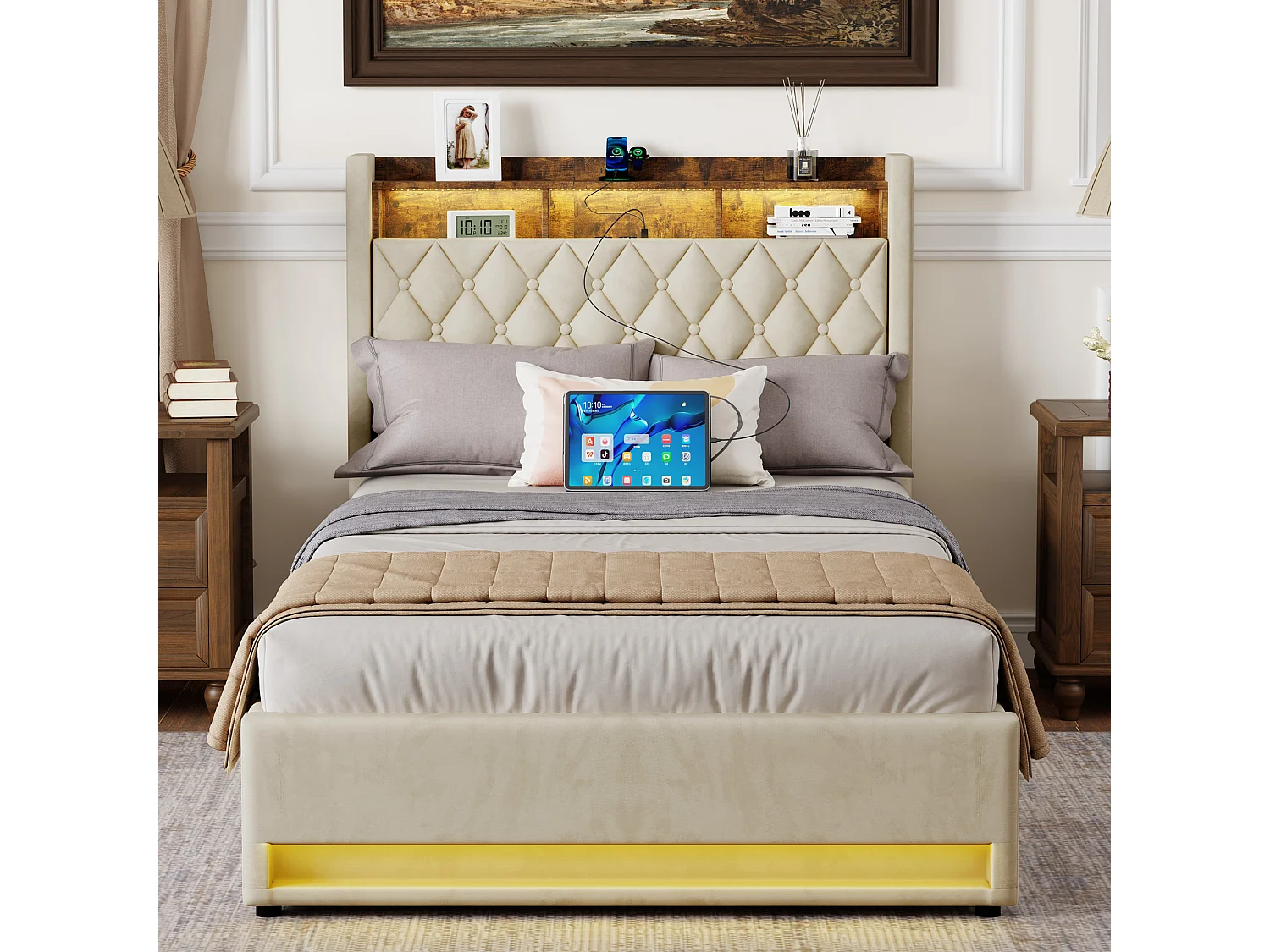 Lit Polster en Velours Beige 140x190 cm avec Tête de Lit LED et Rangement Hydraulique – Cadre en MDF et Métal, Matelas Non Inclus