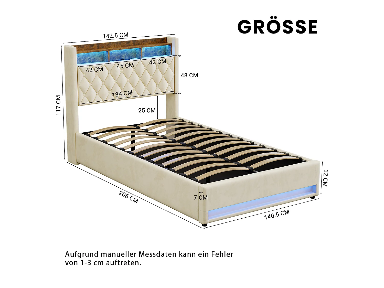 Lit Polster en Velours Beige 140x190 cm avec Tête de Lit LED et Rangement Hydraulique – Cadre en MDF et Métal, Matelas Non Inclus