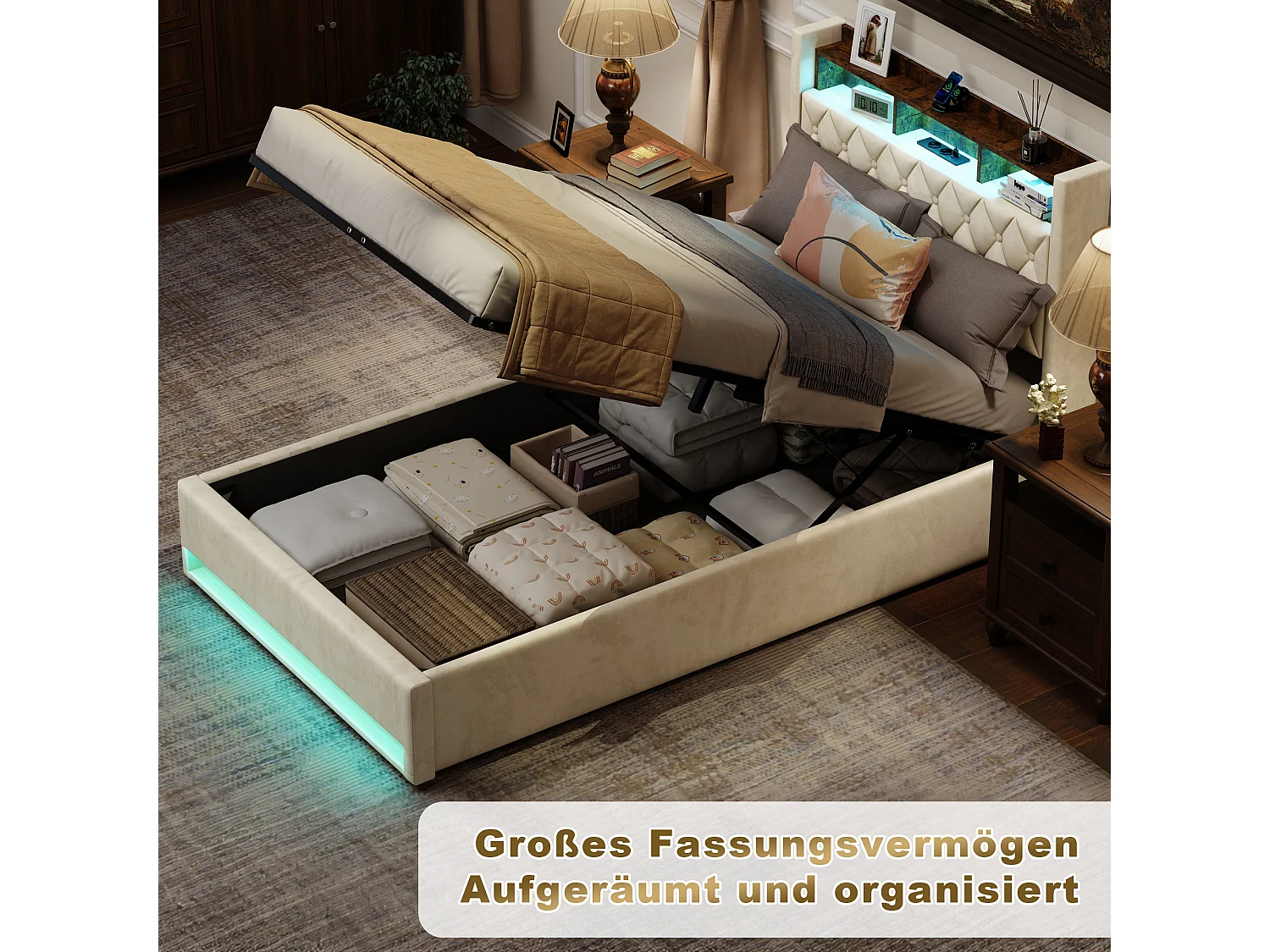 Lit Polster en Velours Beige 140x190 cm avec Tête de Lit LED et Rangement Hydraulique – Cadre en MDF et Métal, Matelas Non Inclus