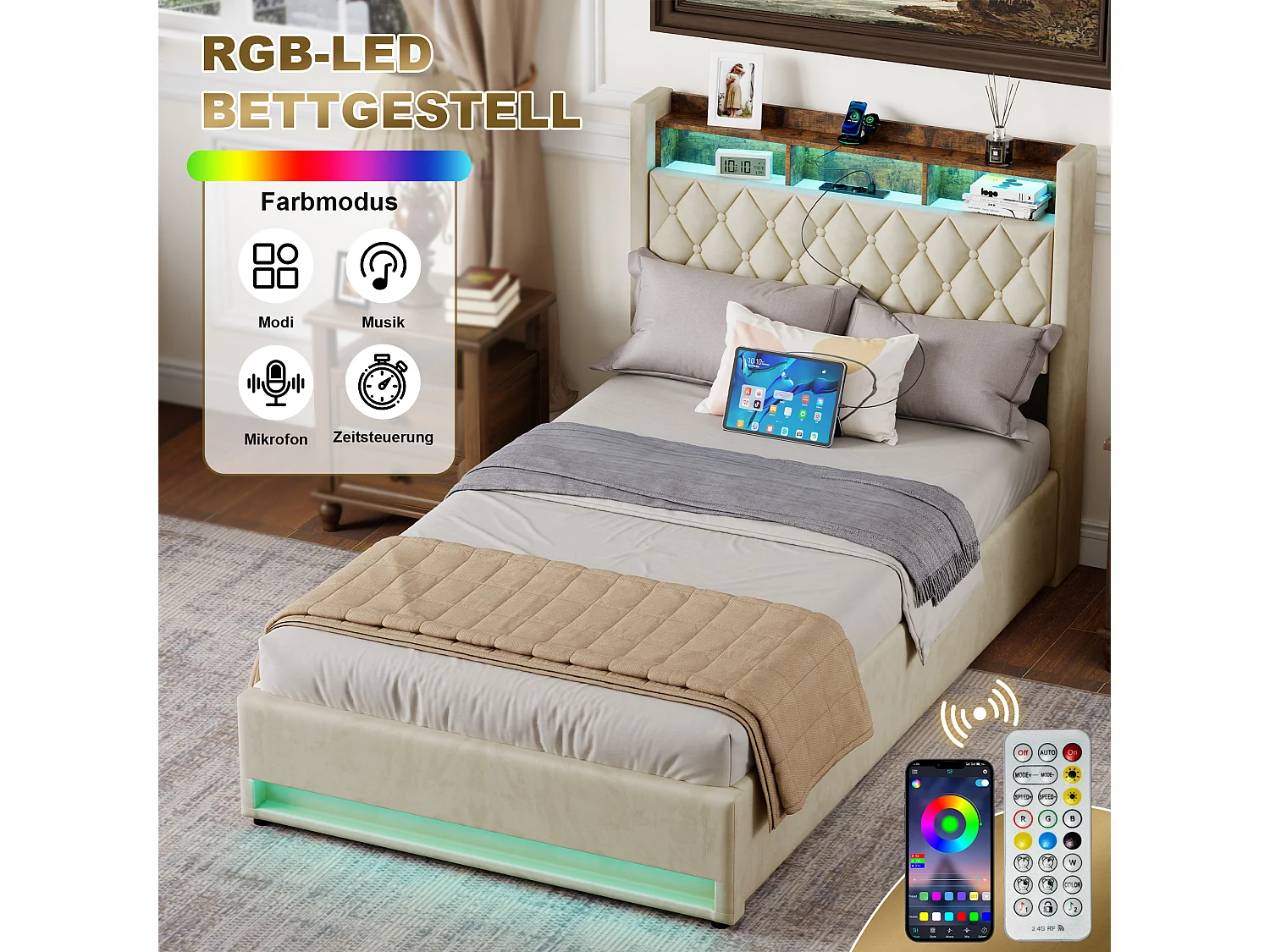 Lit Polster en Velours Beige 140x190 cm avec Tête de Lit LED et Rangement Hydraulique – Cadre en MDF et Métal, Matelas Non Inclus