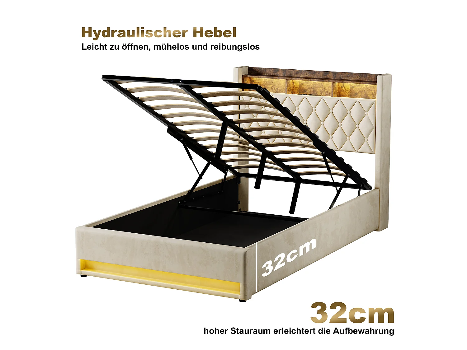Lit Polster en Velours Beige 140x190 cm avec Tête de Lit LED et Rangement Hydraulique – Cadre en MDF et Métal, Matelas Non Inclus