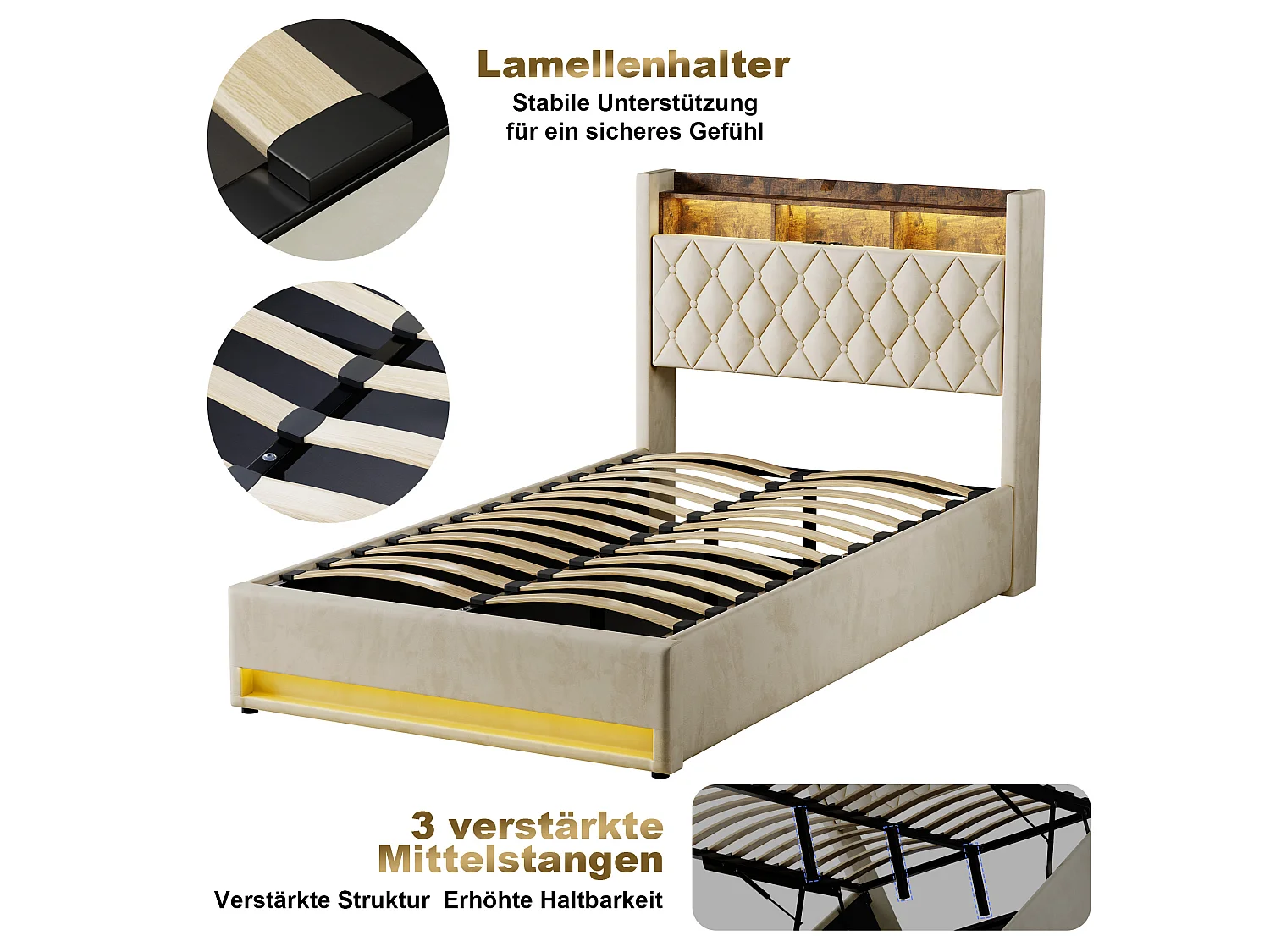 Lit Polster en Velours Beige 140x190 cm avec Tête de Lit LED et Rangement Hydraulique – Cadre en MDF et Métal, Matelas Non Inclus