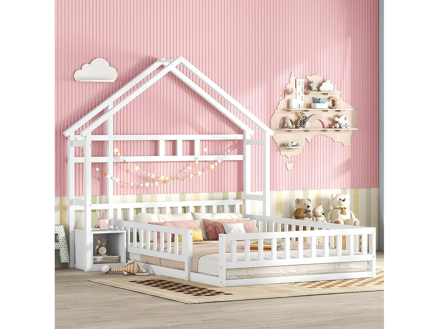 Lit Enfants - Maison 140 x 200 cm - En Pin / MDF - Avec Garde-Corps 31 cm Et 1 Table De Chevet - Sécurisé, Sans Matelas - Blanc