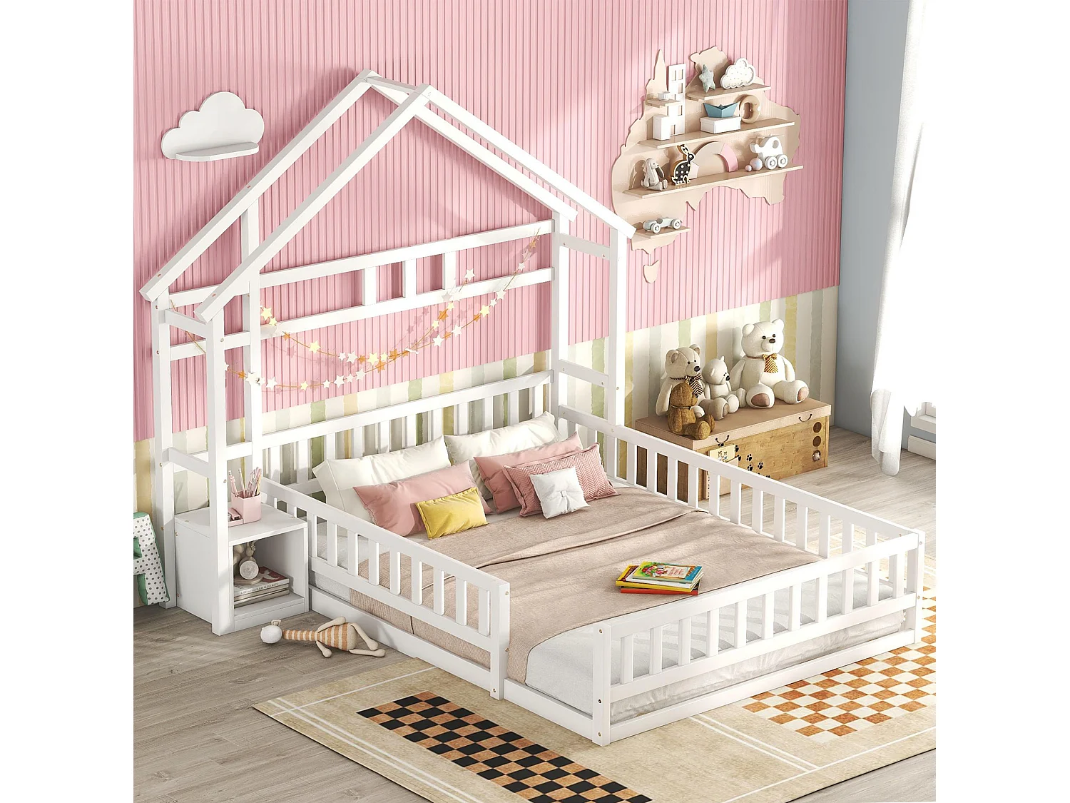 Lit Enfants - Maison 140 x 200 cm - En Pin / MDF - Avec Garde-Corps 31 cm Et 1 Table De Chevet - Sécurisé, Sans Matelas - Blanc