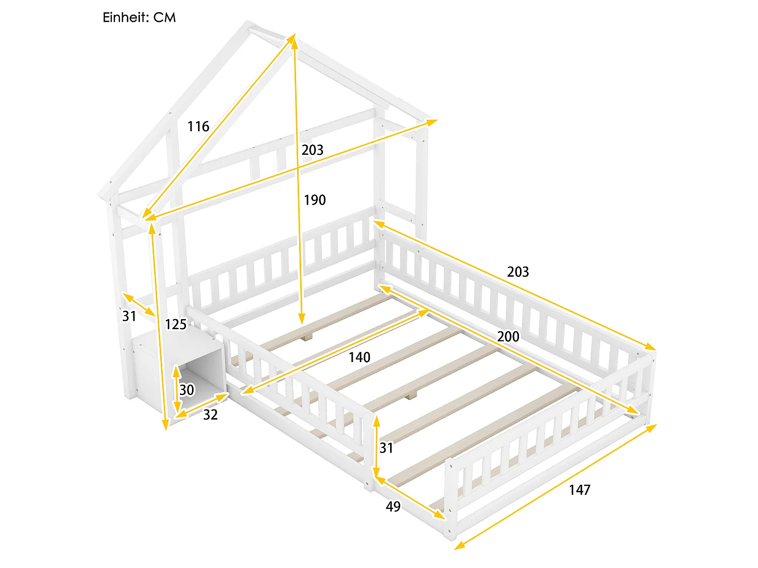 Lit Enfants - Maison 140 x 200 cm - En Pin / MDF - Avec Garde-Corps 31 cm Et 1 Table De Chevet - Sécurisé, Sans Matelas - Blanc