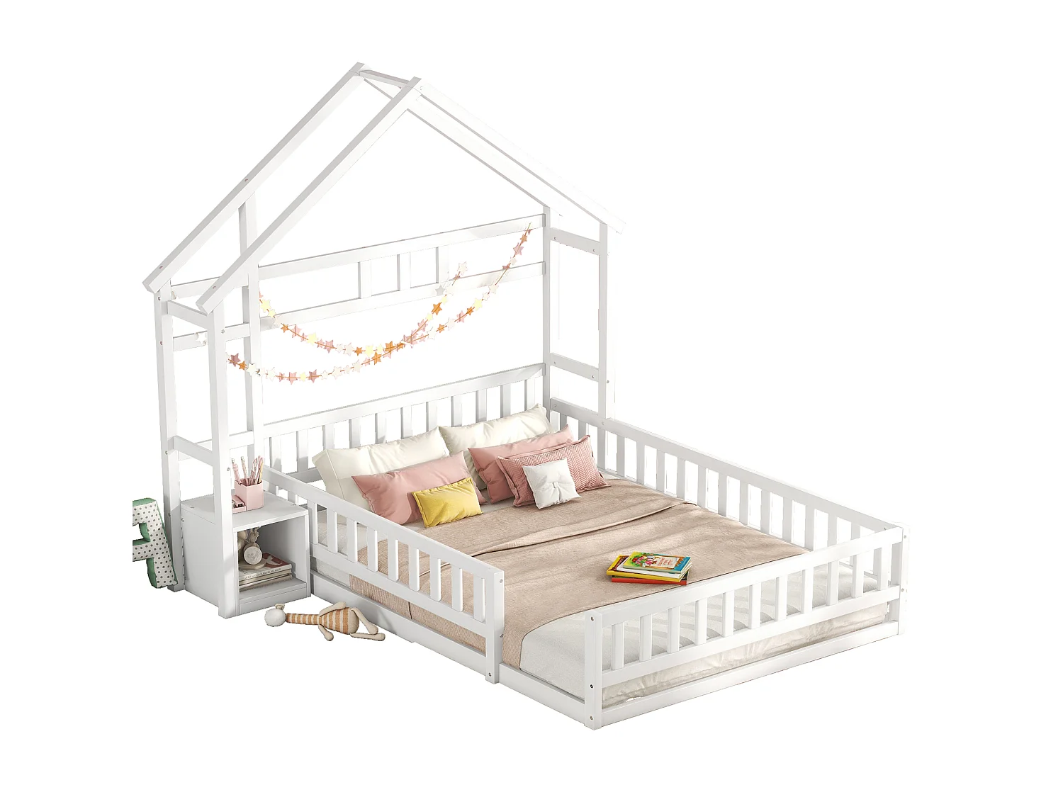 Lit Enfants - Maison 140 x 200 cm - En Pin / MDF - Avec Garde-Corps 31 cm Et 1 Table De Chevet - Sécurisé, Sans Matelas - Blanc