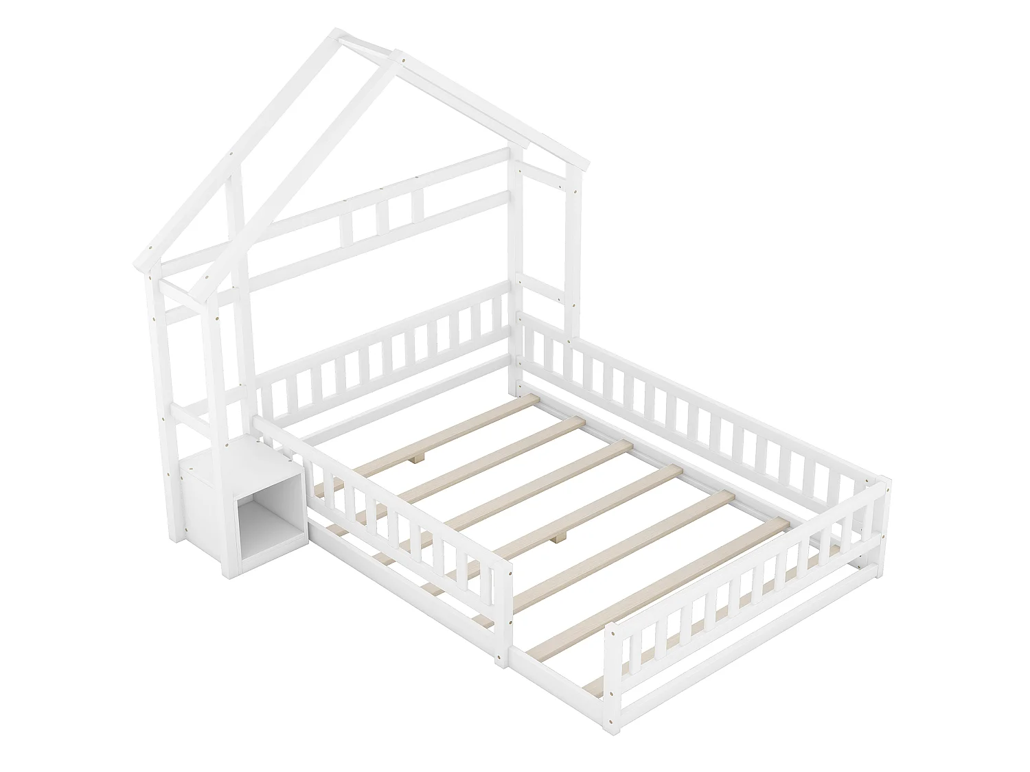 Lit Enfants - Maison 140 x 200 cm - En Pin / MDF - Avec Garde-Corps 31 cm Et 1 Table De Chevet - Sécurisé, Sans Matelas - Blanc