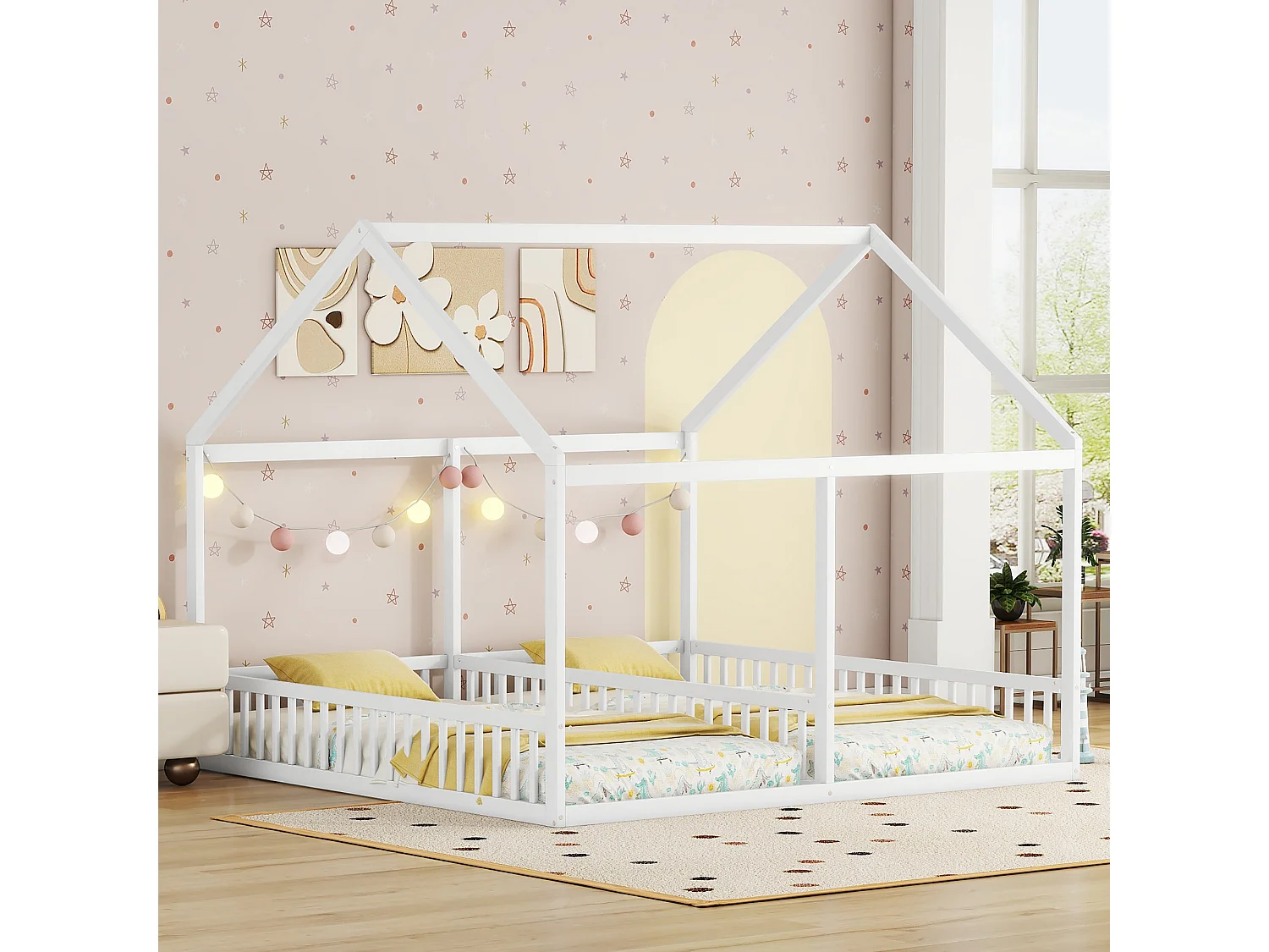 Lit Enfant 2-en-1 90 x 200 cm - 2 Lits Côté à Côté Avec Barrières De Sécurité Et Toit Design - En Pin+MDF - Blanc - Sans Matelas - Maison