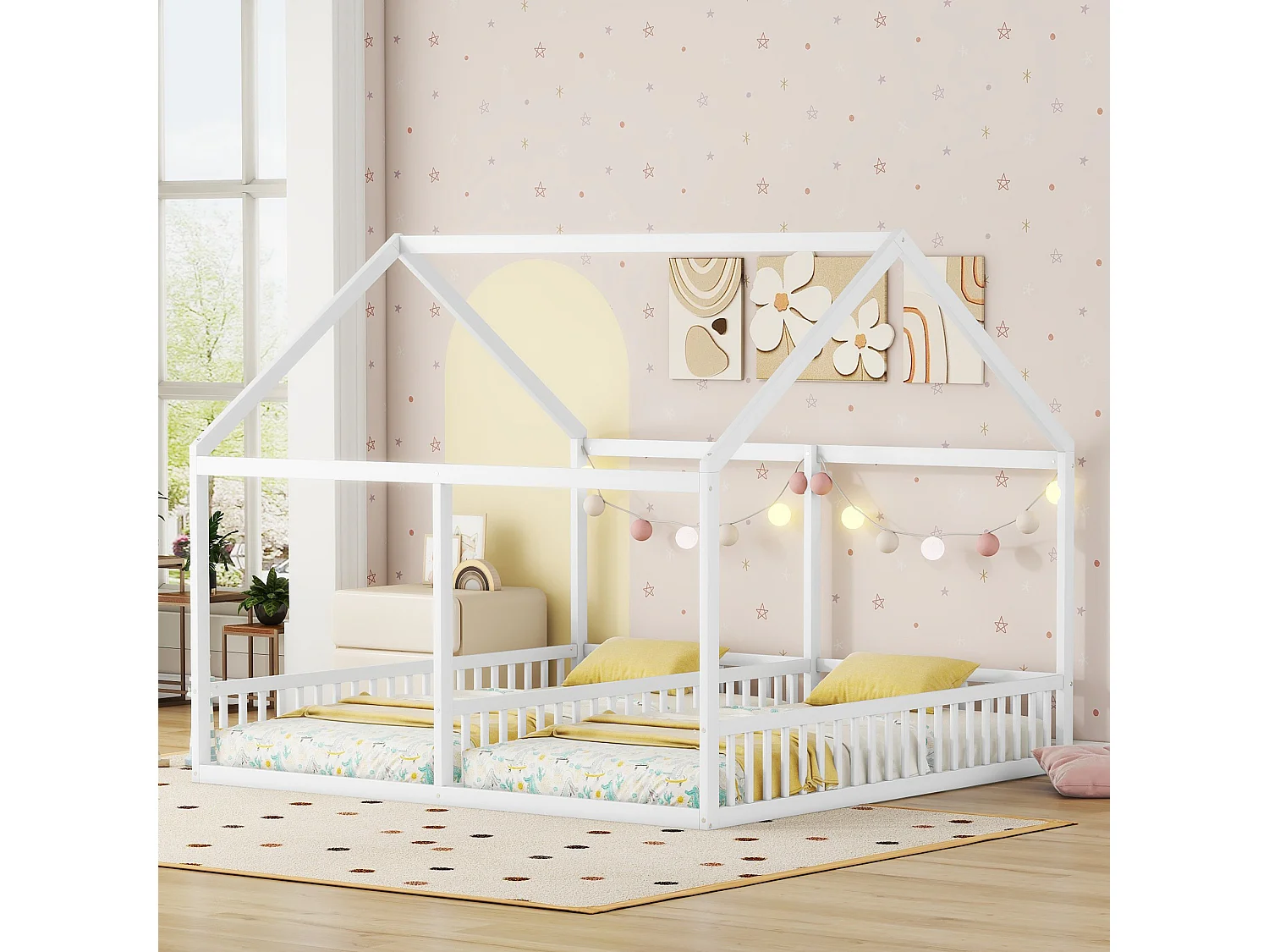 Lit Enfant 2-en-1 90 x 200 cm - 2 Lits Côté à Côté Avec Barrières De Sécurité Et Toit Design - En Pin+MDF - Blanc - Sans Matelas - Maison