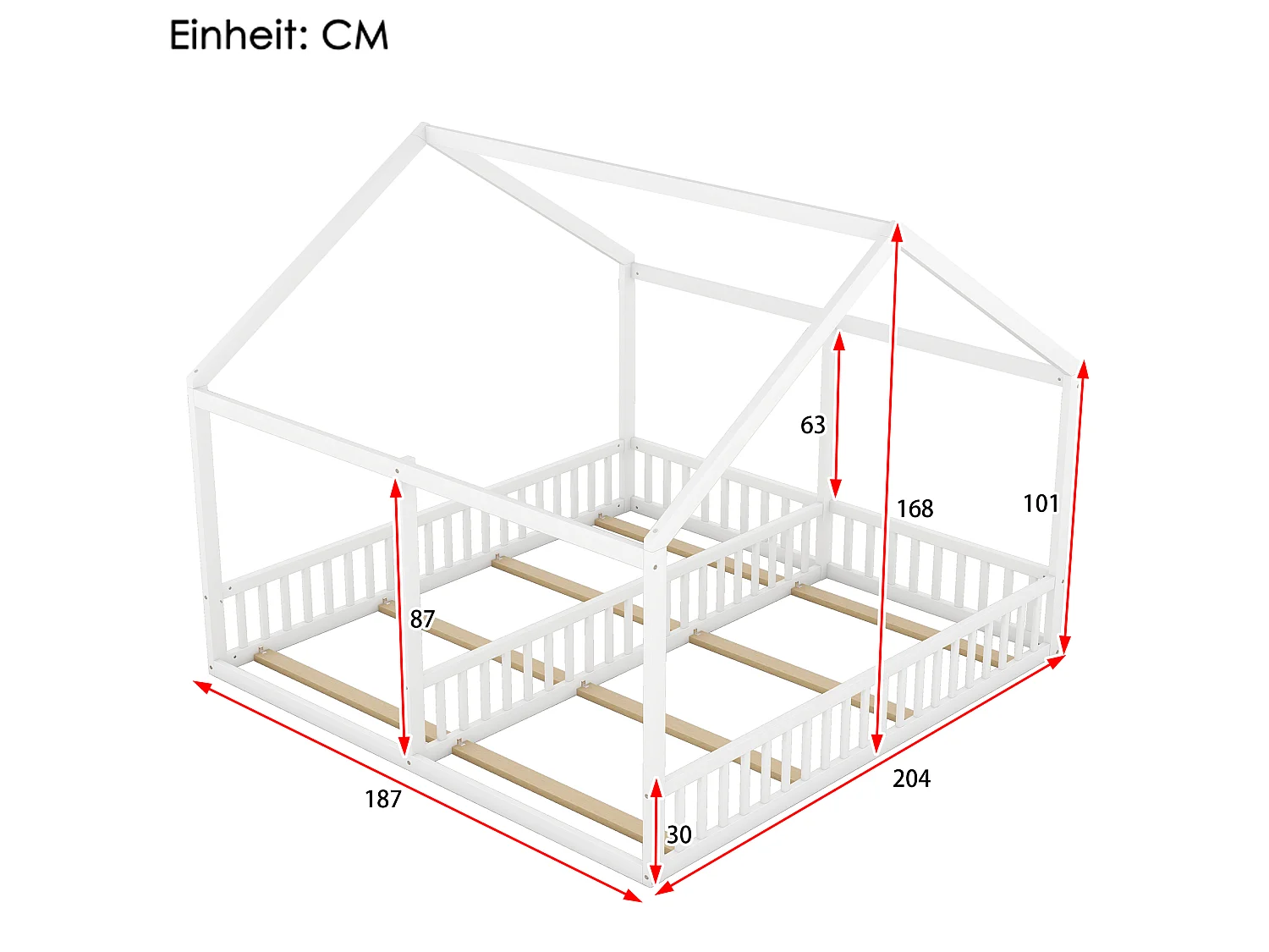 Lit Enfant 2-en-1 90 x 200 cm - 2 Lits Côté à Côté Avec Barrières De Sécurité Et Toit Design - En Pin+MDF - Blanc - Sans Matelas - Maison