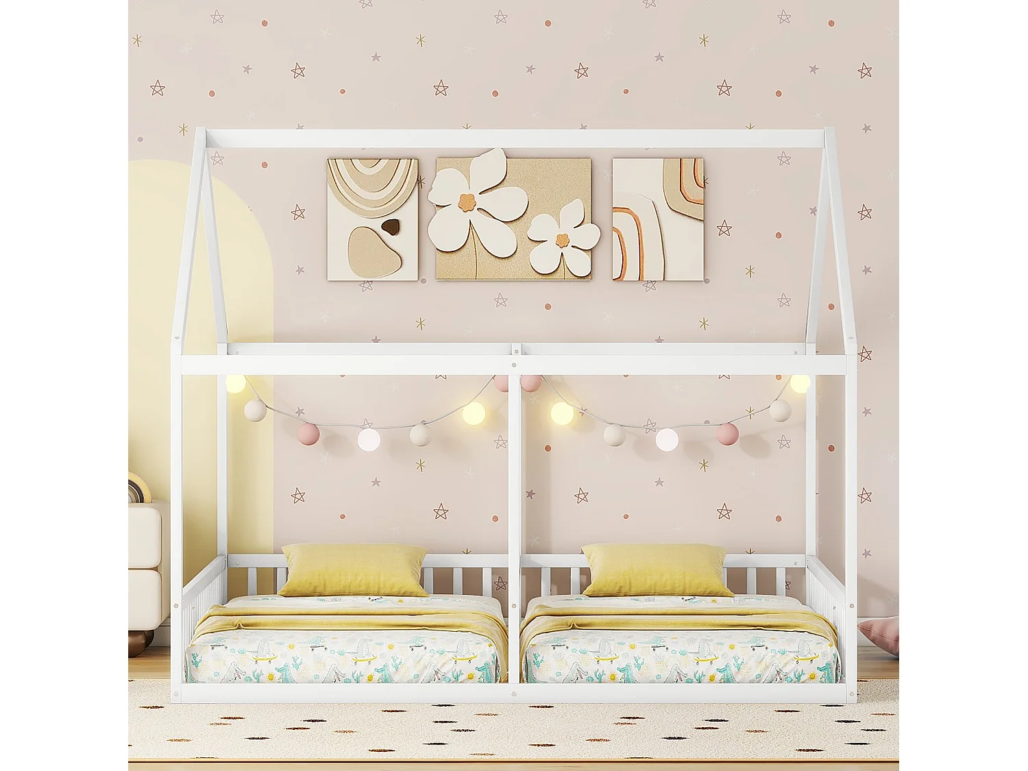 Lit Enfant 2-en-1 90 x 200 cm - 2 Lits Côté à Côté Avec Barrières De Sécurité Et Toit Design - En Pin+MDF - Blanc - Sans Matelas - Maison